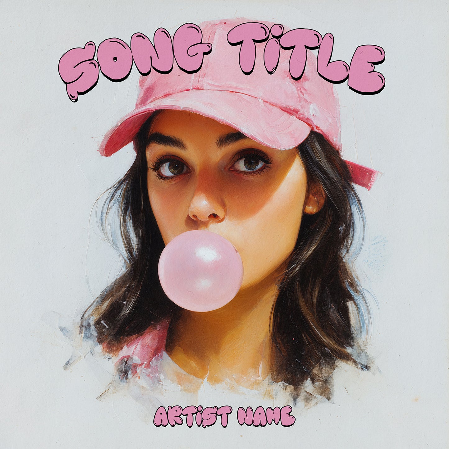 Album cover with a person blowing a bubble gum bubble, wearing a pink cap, on a light gray background.