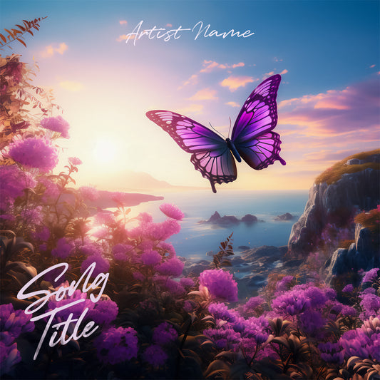 Purple butterfly and flower bushes cover art for music, symbolizing transformation and fate.