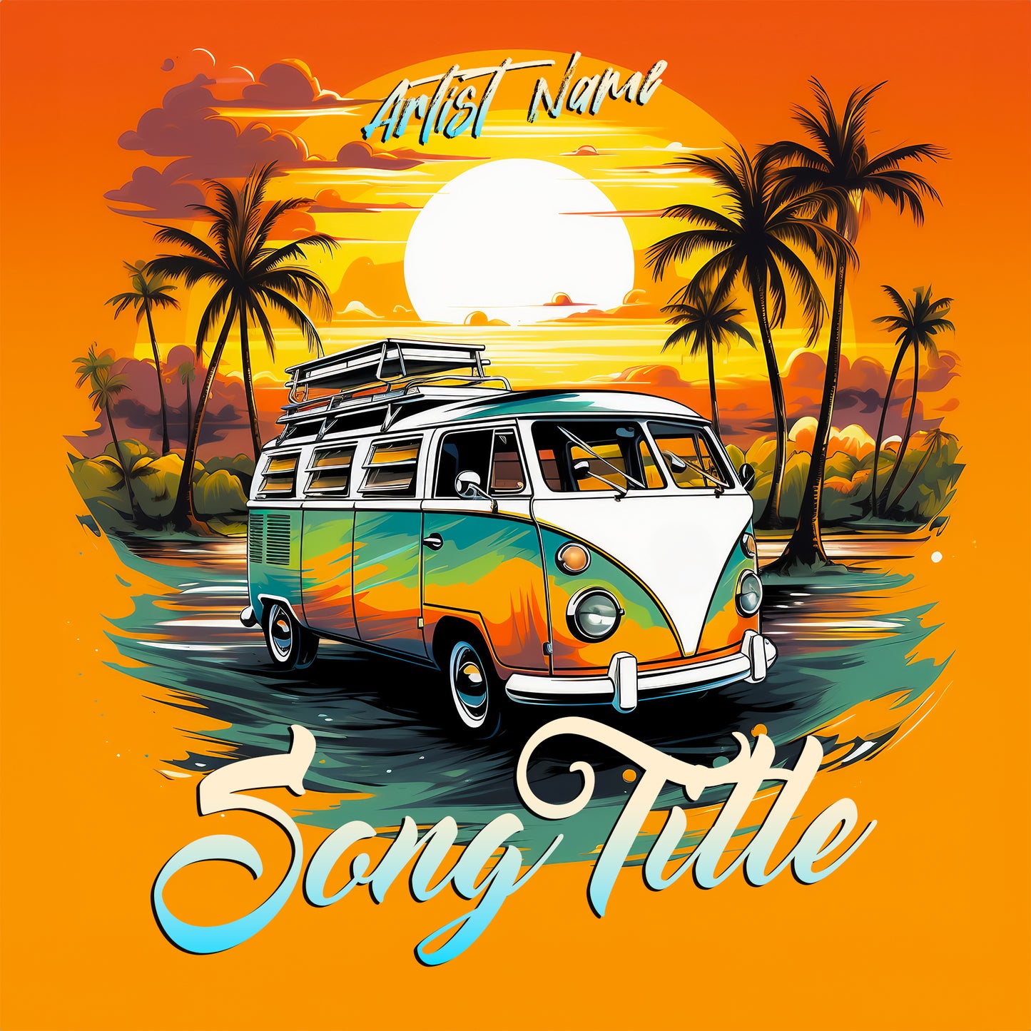 Retro Volkswagen on a beach at sunset album cover, capturing West Coast essence.