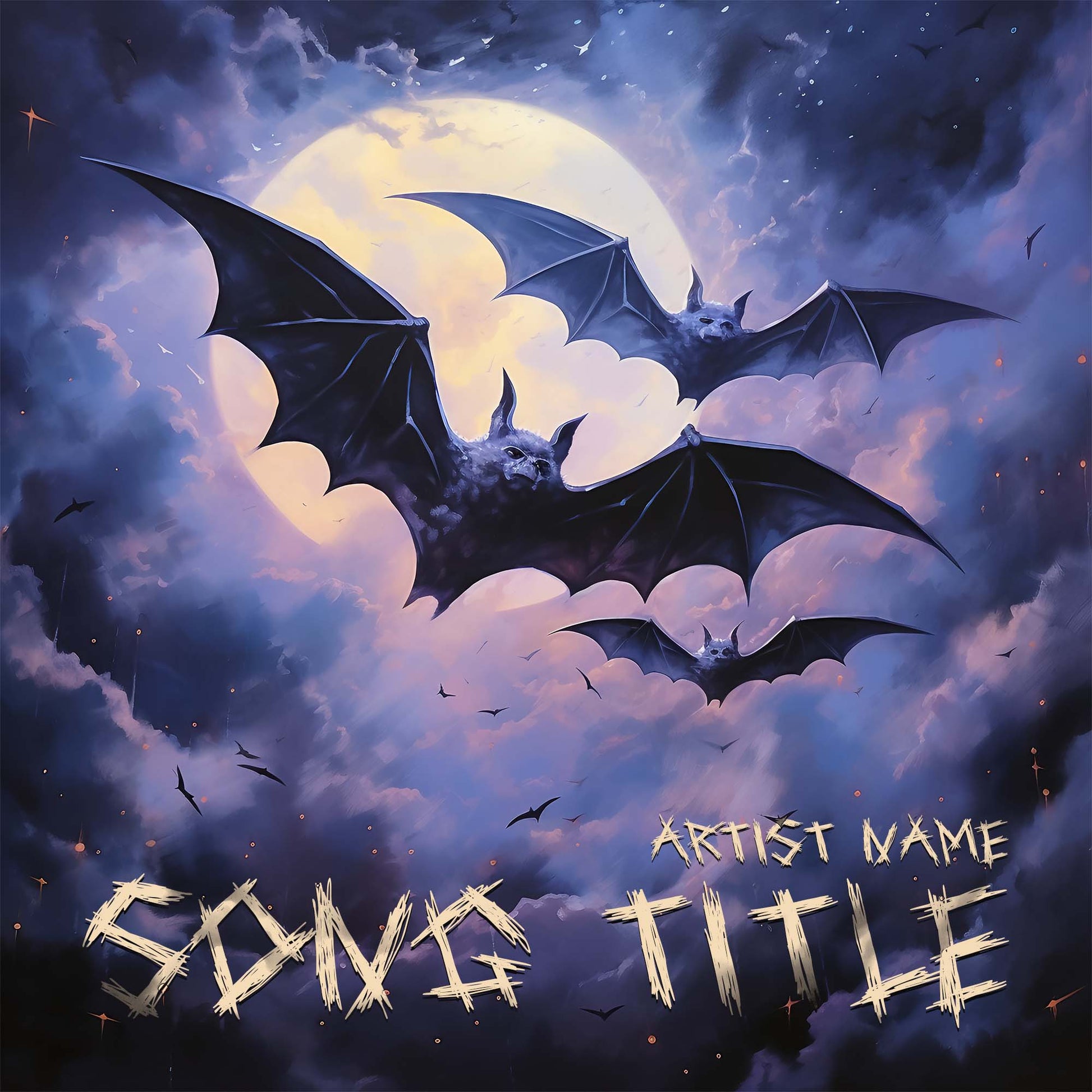  Dark-themed bats flying in the moonlight music cover artwork.