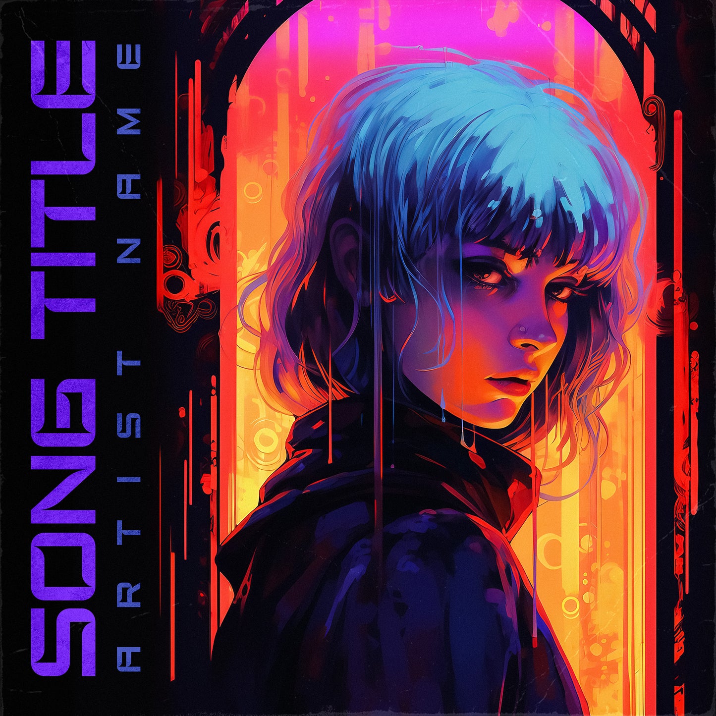 Neon girl cyberpunk with blue hair, anime style, album cover art