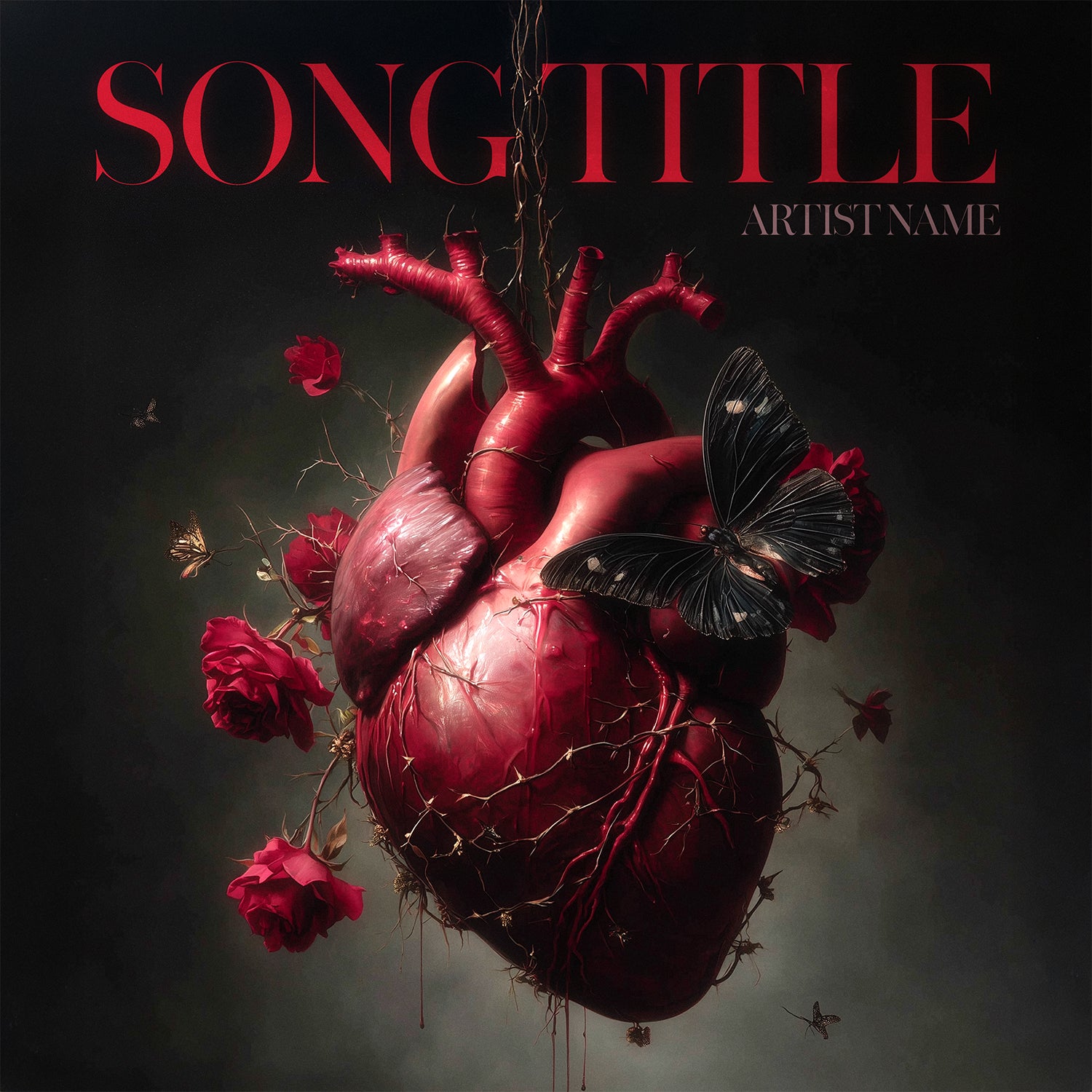 Album cover with a heart, roses, and butterfly on a dark background