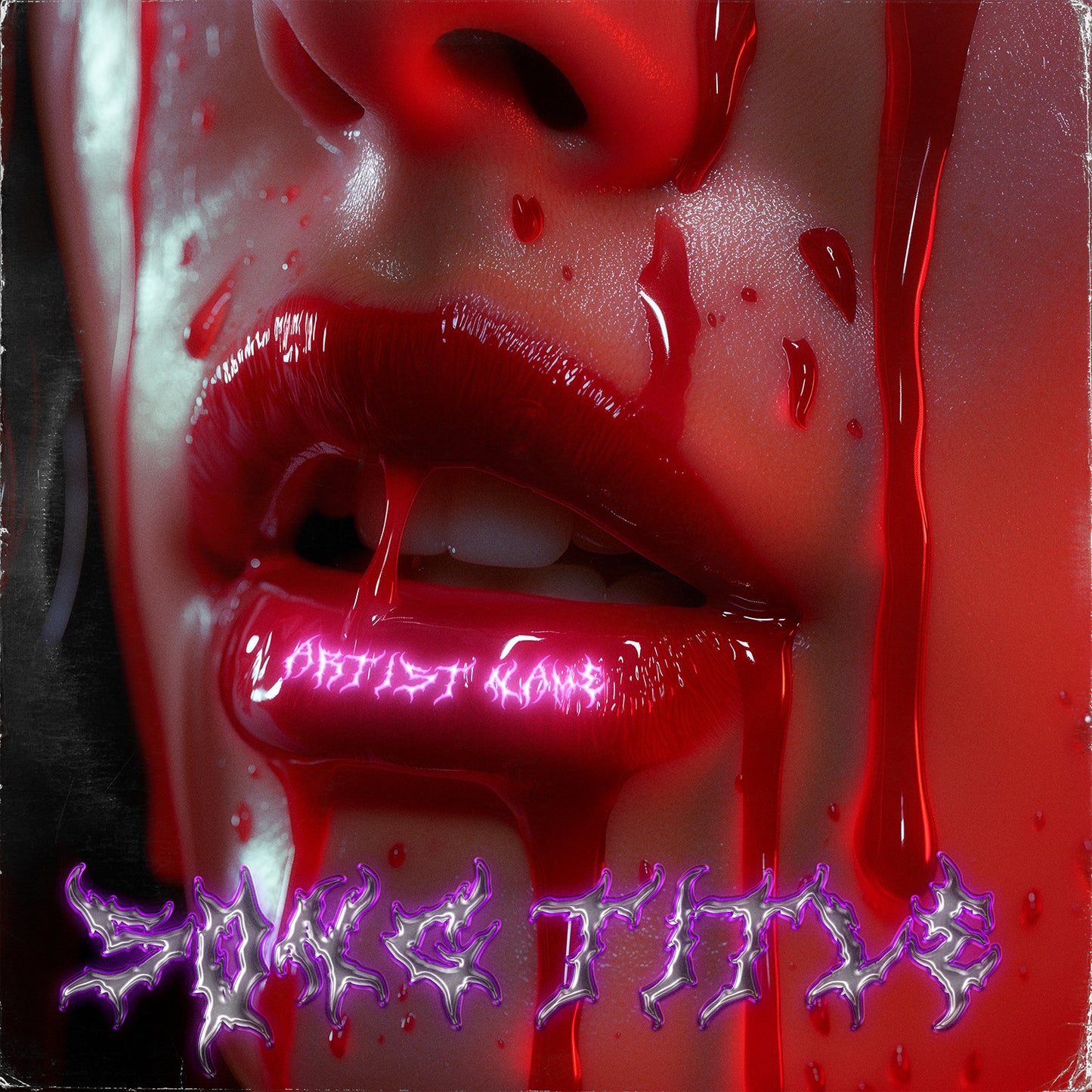 Close-up of lips dripping cherry-red liquid 3D cover art