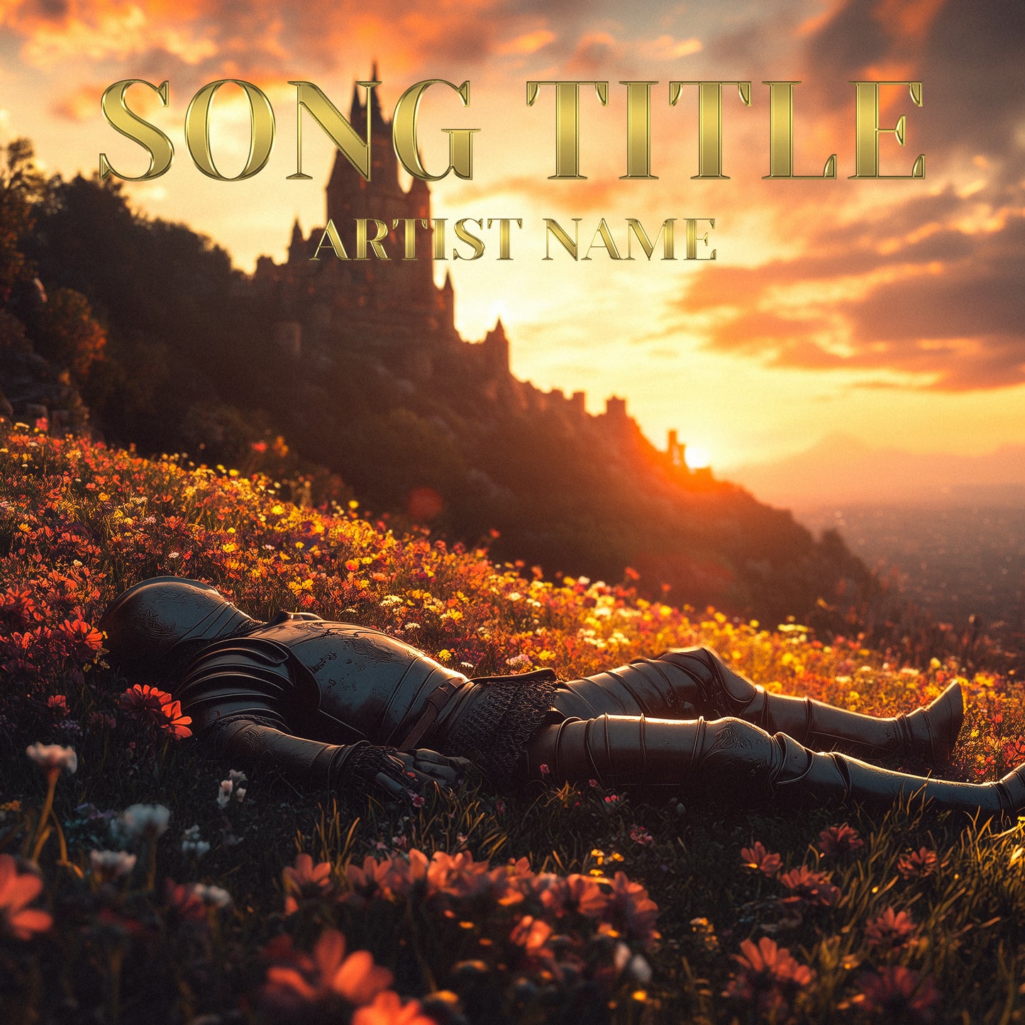 Fallen knight in flower field with castle sunset 3D render cover art