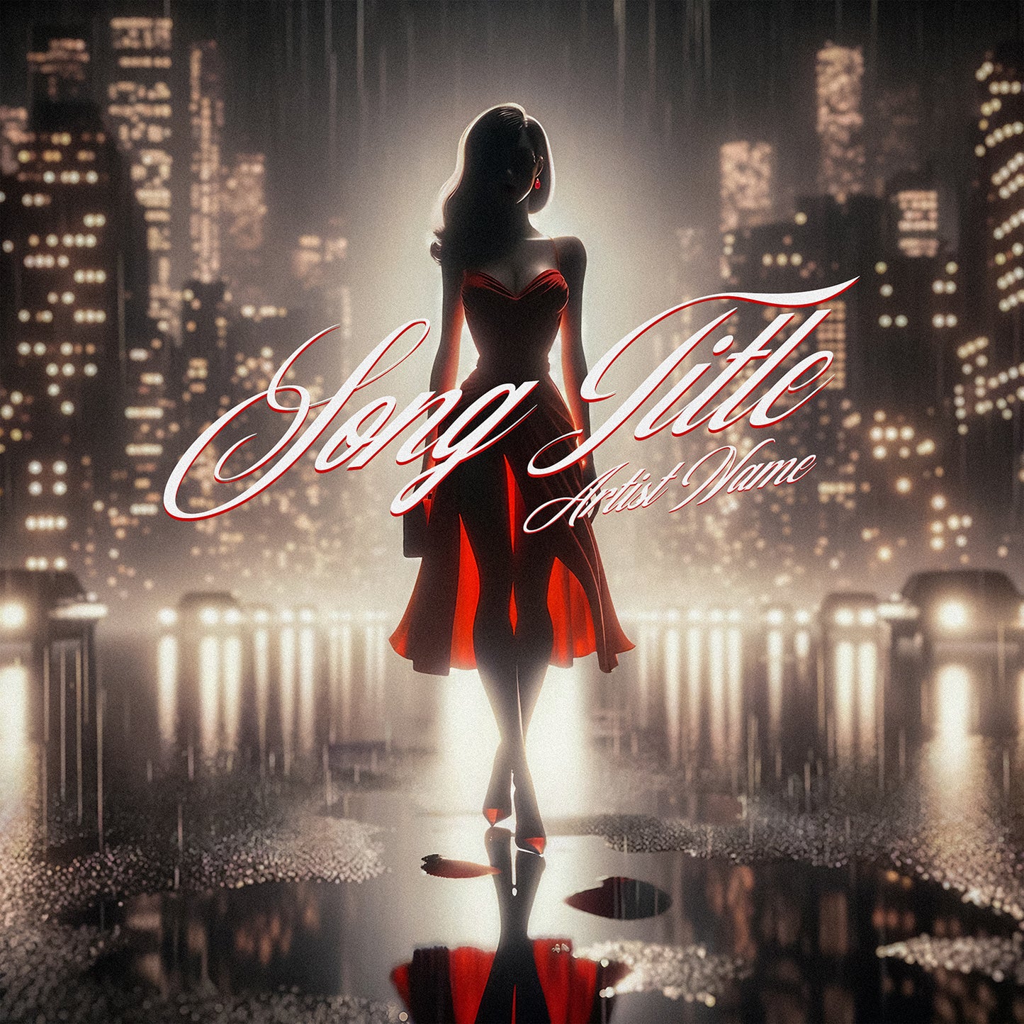 Silhouette of girl in red dress rainy city street cover art