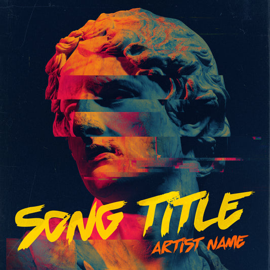 Stylized album cover with a classical statue head and colorful stripes, featuring 'Song Title' and 'Artist Name'.
