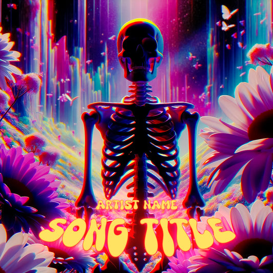 Skeleton in flower field with glitchy music cover design