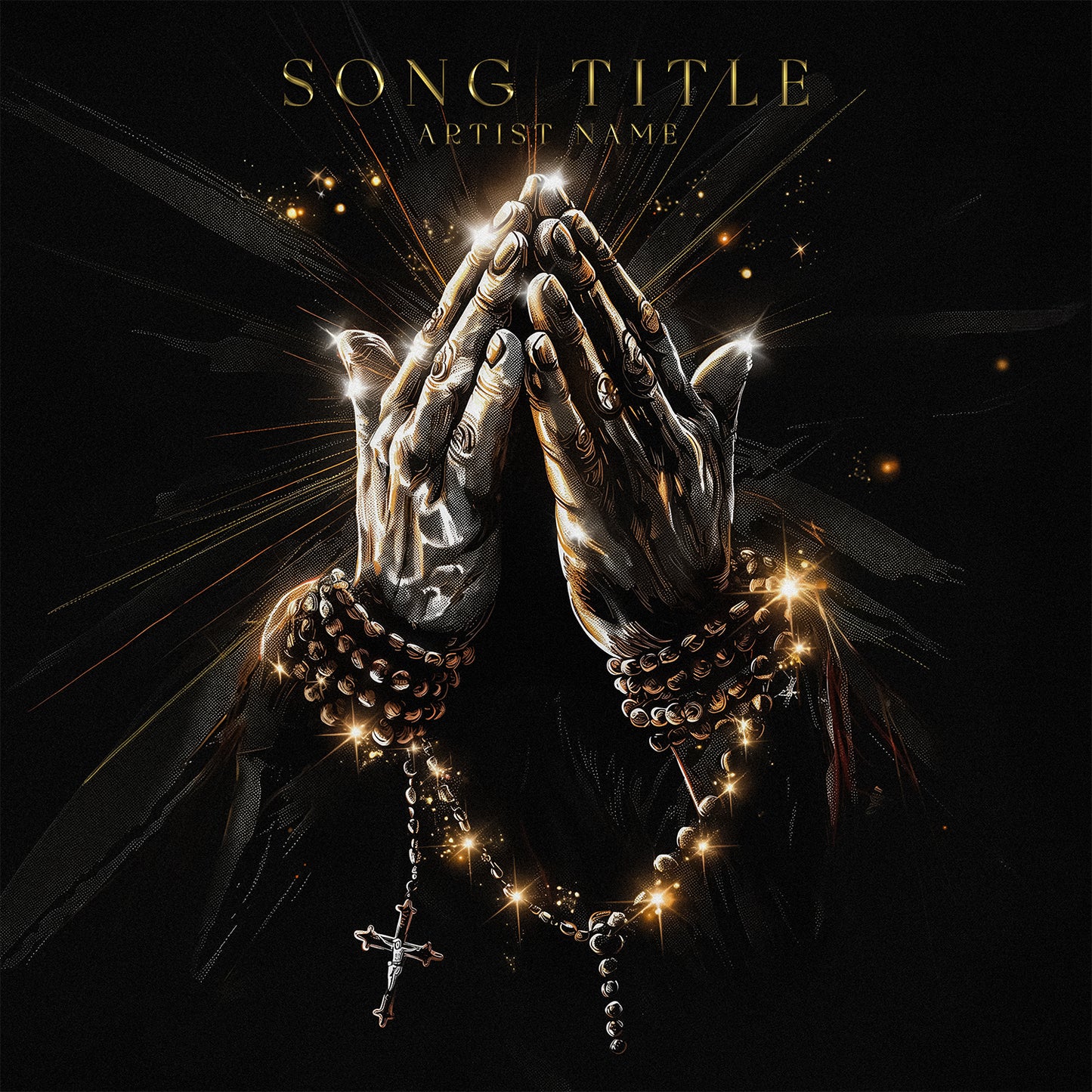 Gold hands in prayer gesture CGI cover art