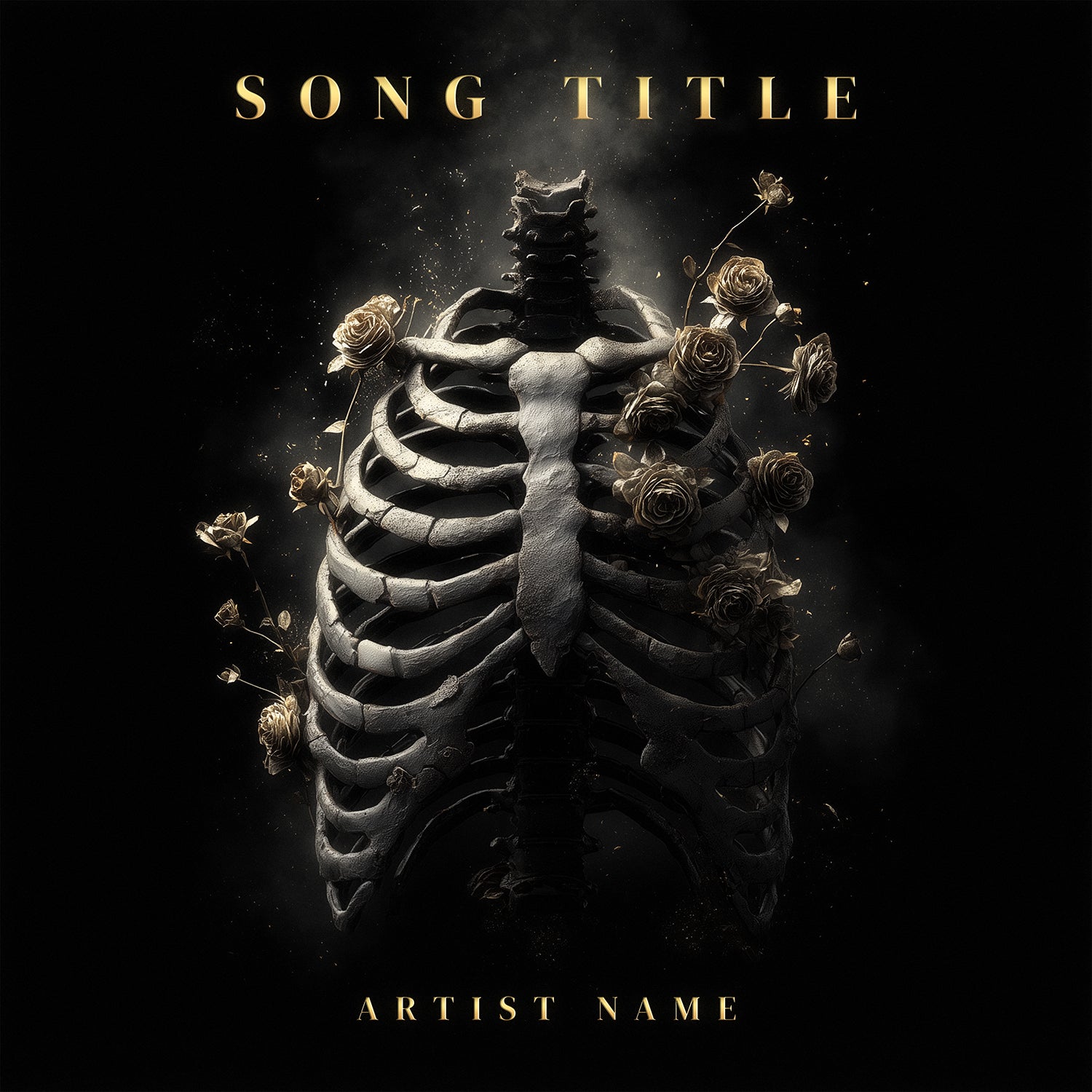 Album cover with skeleton and roses on a dark background