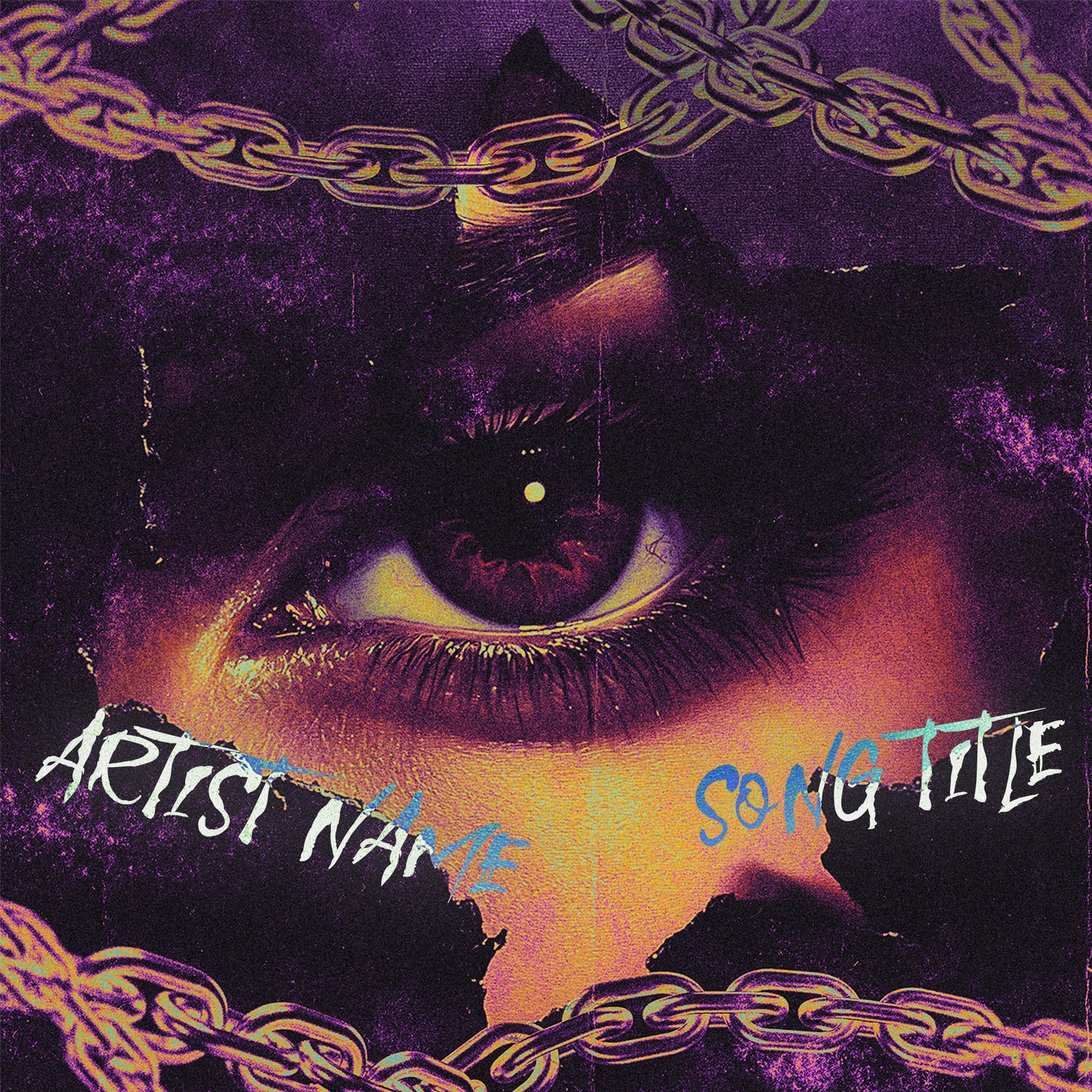 Album cover with a close-up of an eye, chains, and text placeholder for artist name and song title.