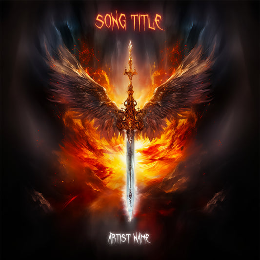 Burning sword with angel wings against dark background album cover.