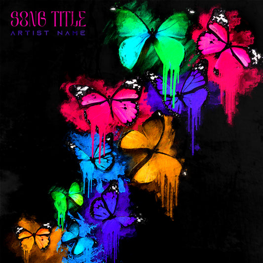 Iridescent vibrant butterflies flying upwards, song cover art