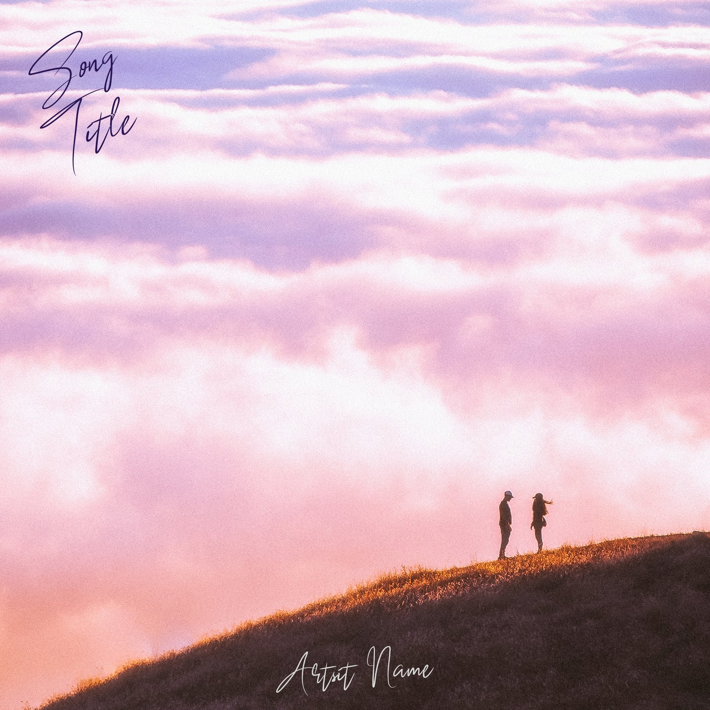 Couple standing on the cliff, above the clouds, romantic cover art for a song