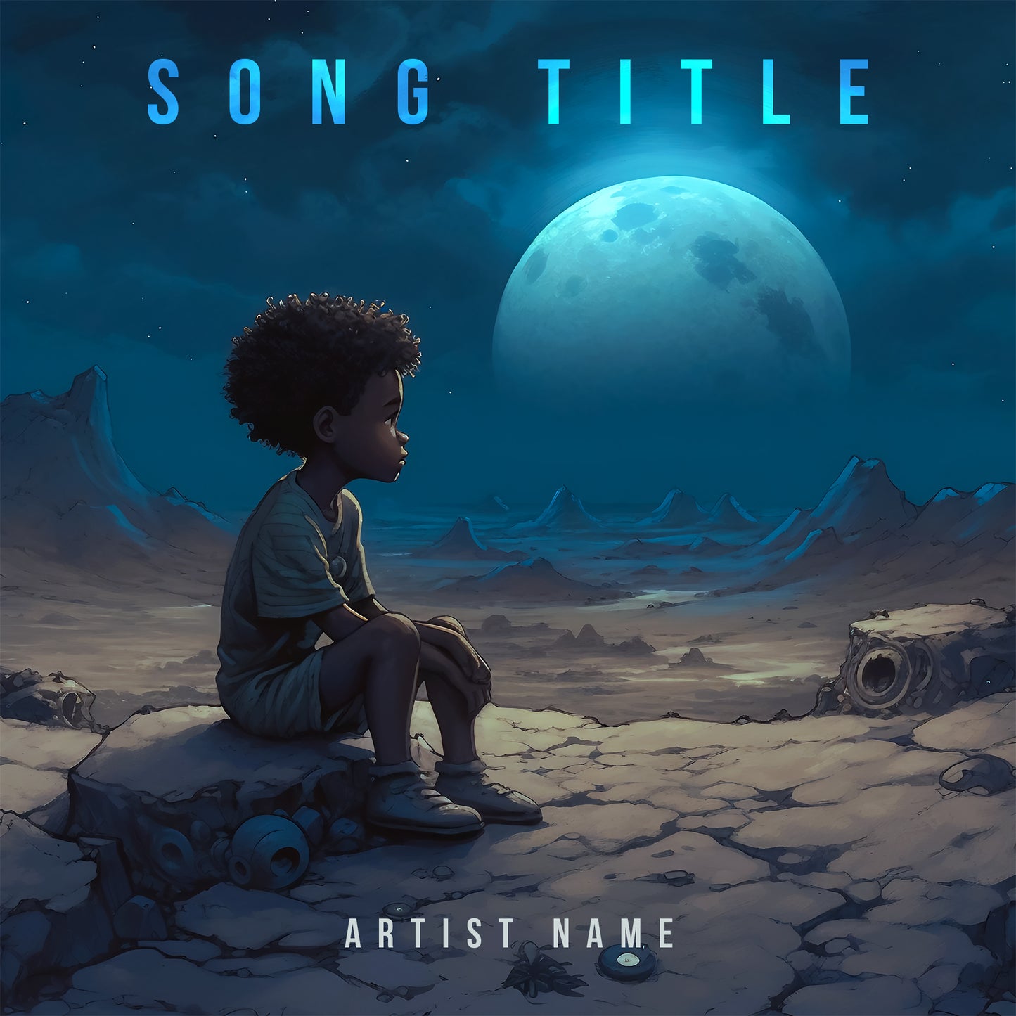 Little boy sitting on a far planet alone, digital illustration, premade cover, single cover, cover art for music