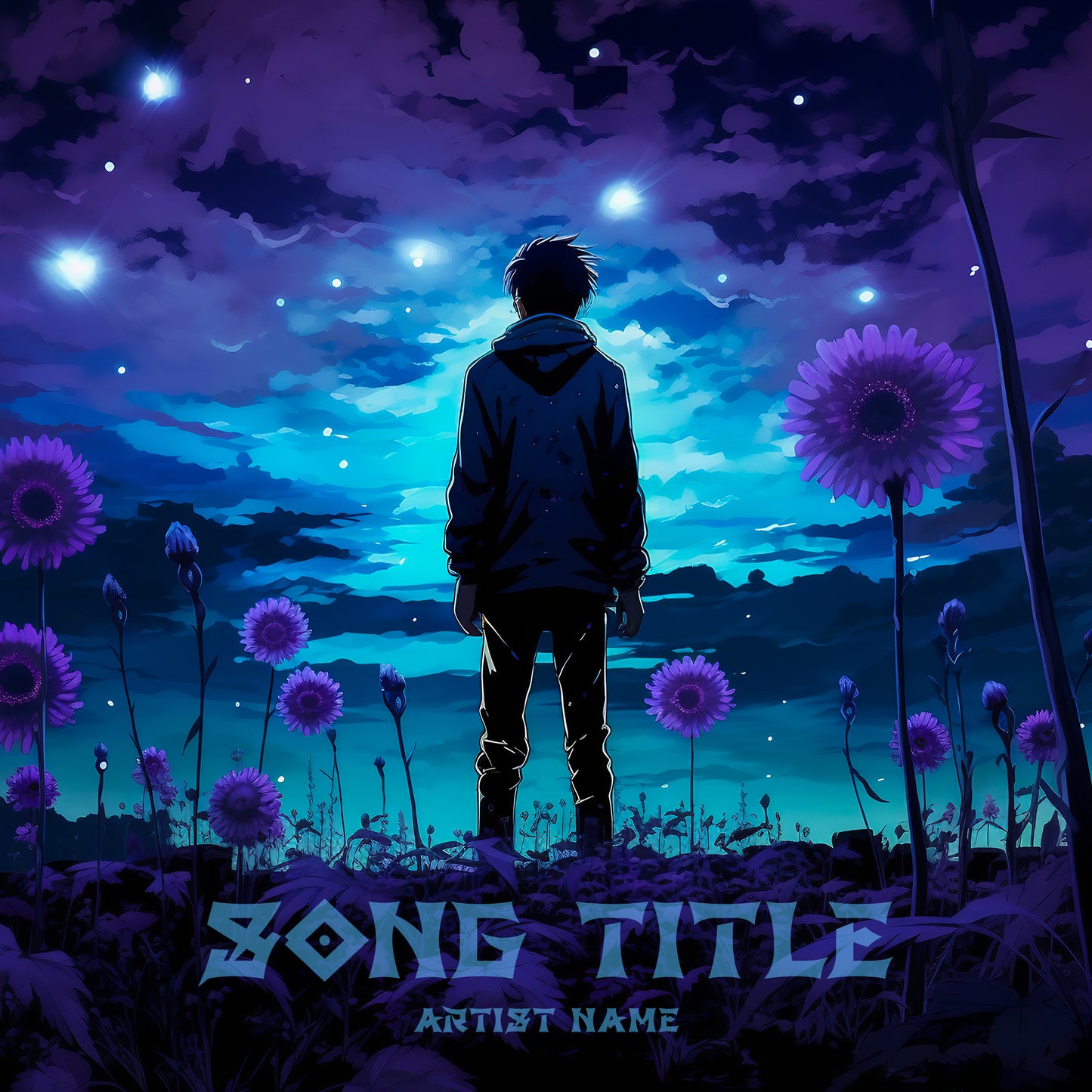 Anime boy in a night flower field digital illustration cover artwork.