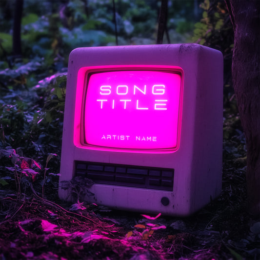 Old computer in forest displaying song title retro 3D digital art cover art