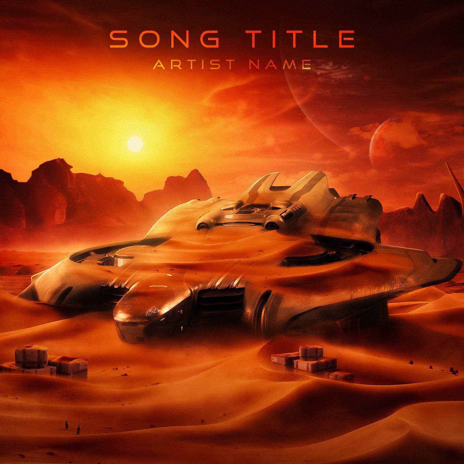 Abandoned spaceship buried in sand on planet cover art