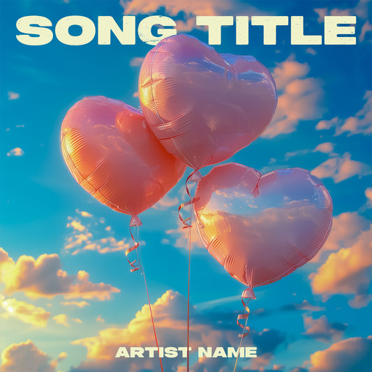 Heart-shaped balloons against sunset sky cover art