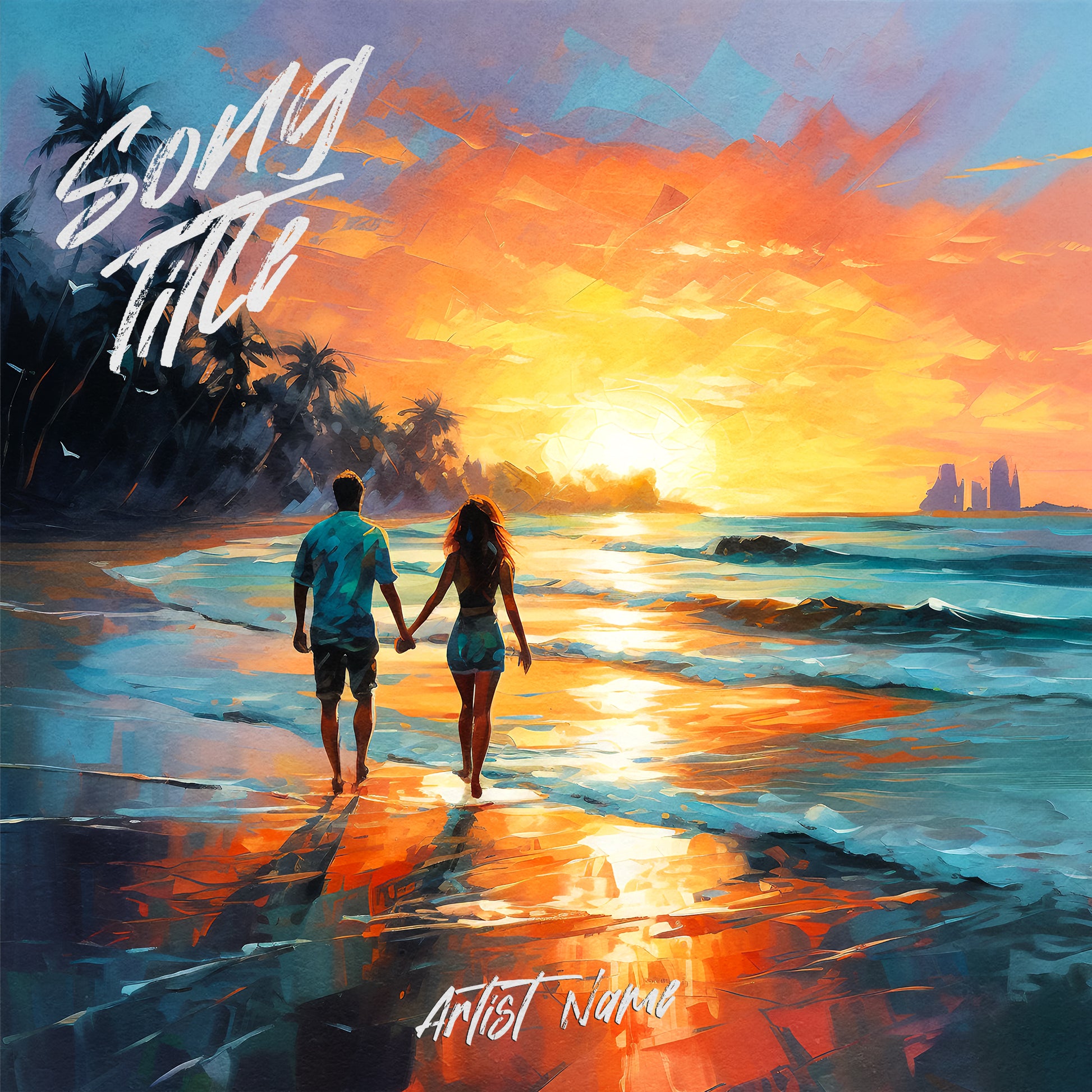 A couple walking on a tropical beach, oil painting, cover art design for a single