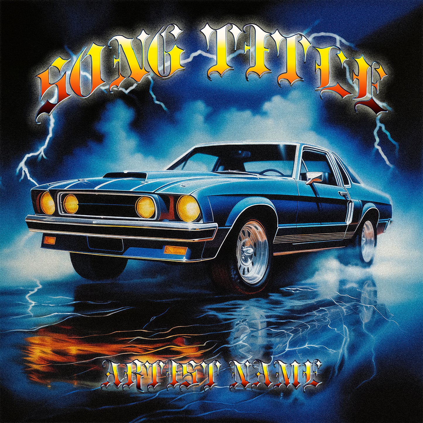 Vintage Ford Mustang with lightning music cover art