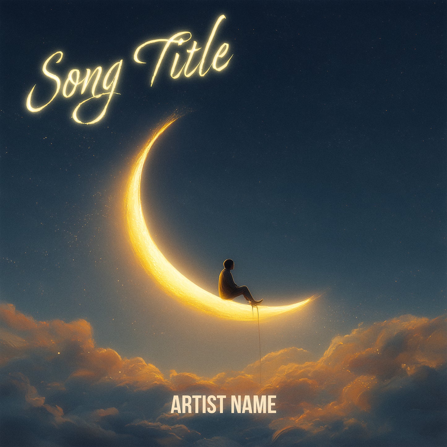 Album cover with a person sitting on a crescent moon in the sky, surrounded by clouds.