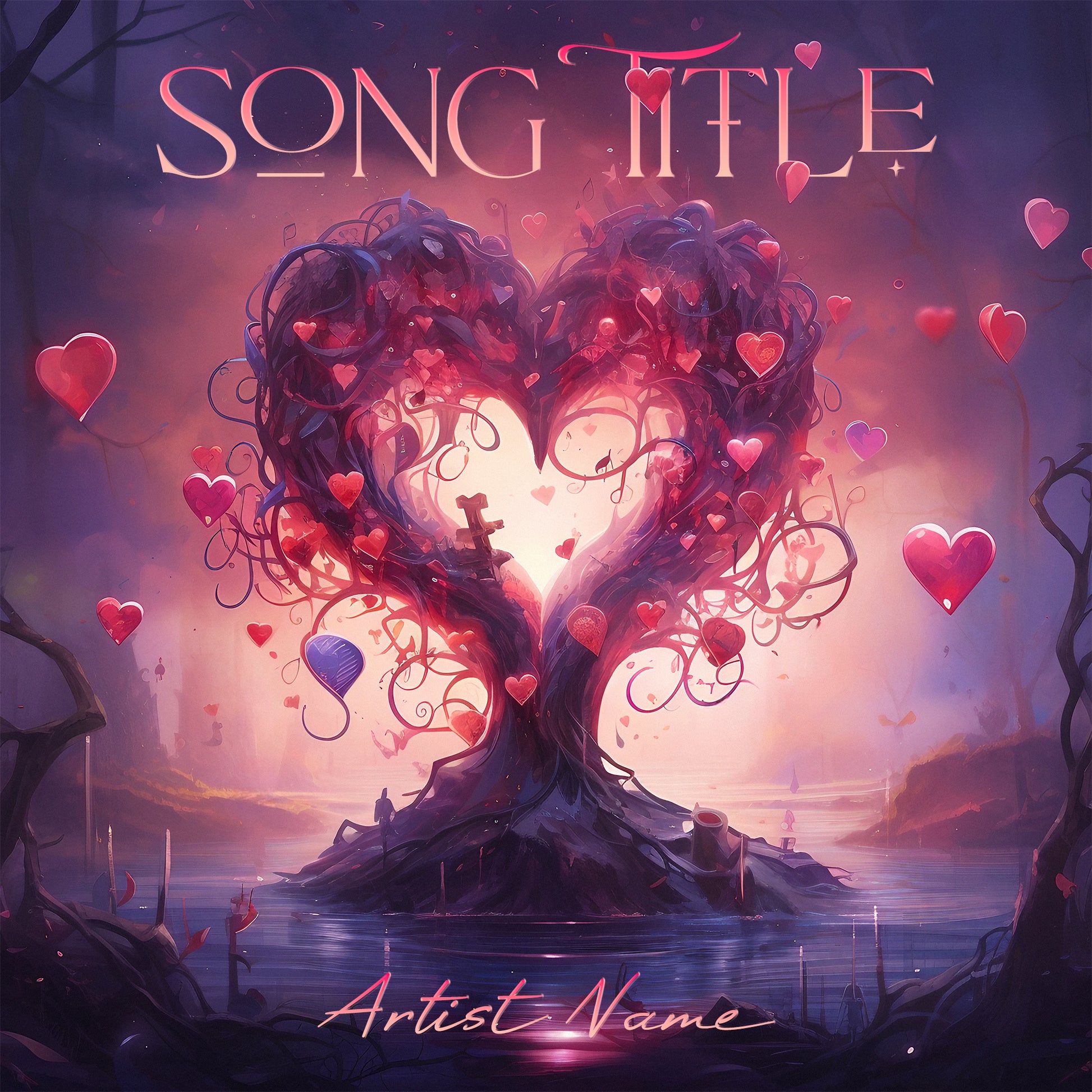 the love tree made out of branches, hearts floating around, digital art, cover art for a love song