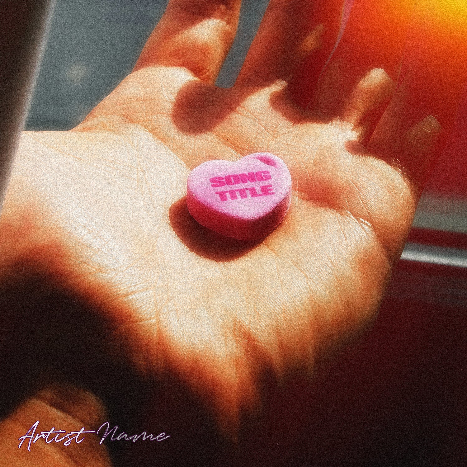 Heart-shaped pill in hand retro film-style photo cover art