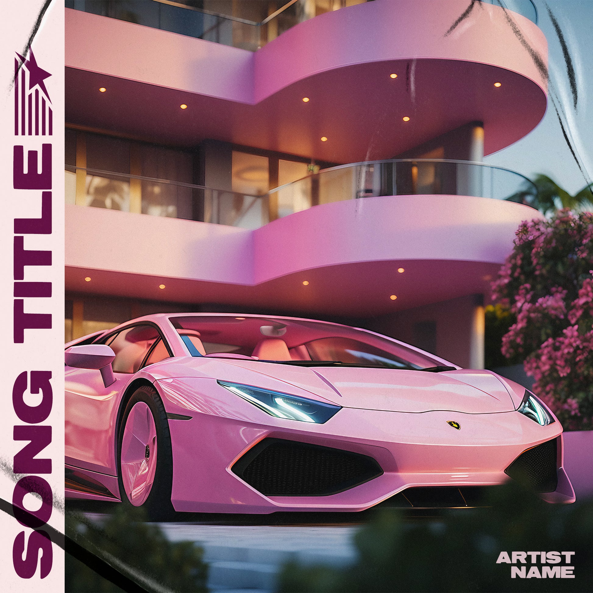 Pink Lamborghini Huracan sitting on a driveway of a pink mansion, cover art for song, album cover art, music cover art