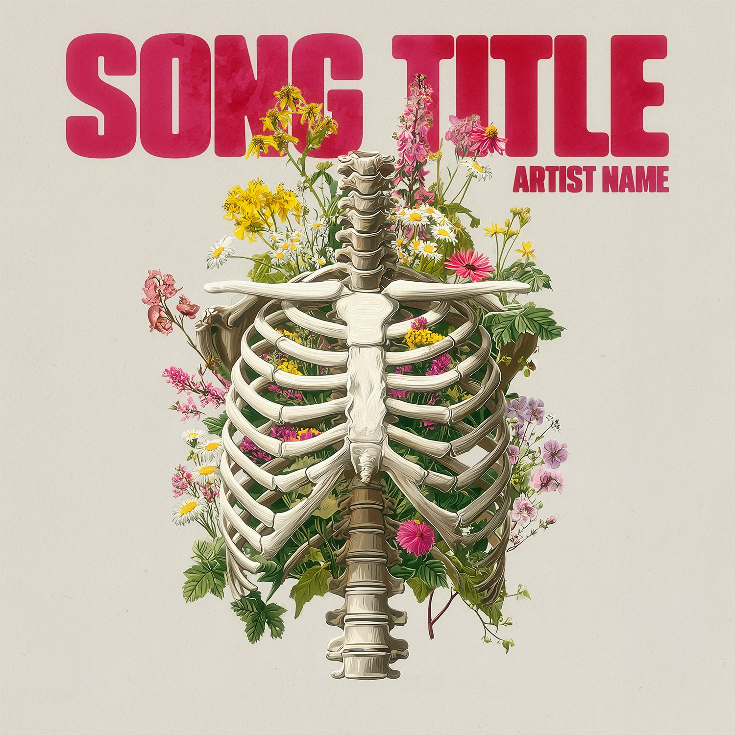 Album cover with skeleton and flowers, placeholder text for 'Song Title' and 'Artist Name'.