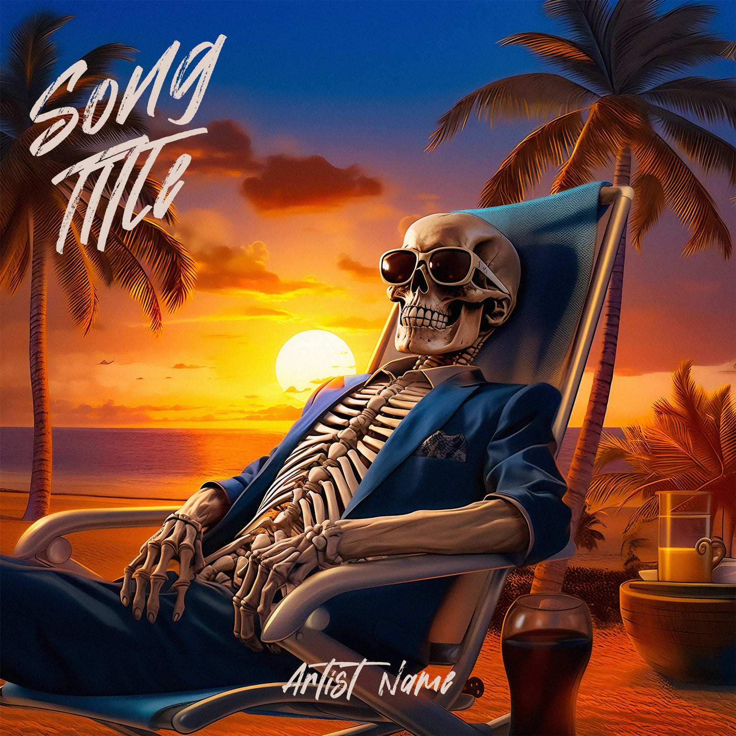 Vacation skeleton is chilling on a beach, sunset, cover art for the song, album cover art, music cover art