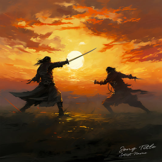 Sword fighting, sunset, painting, cover art