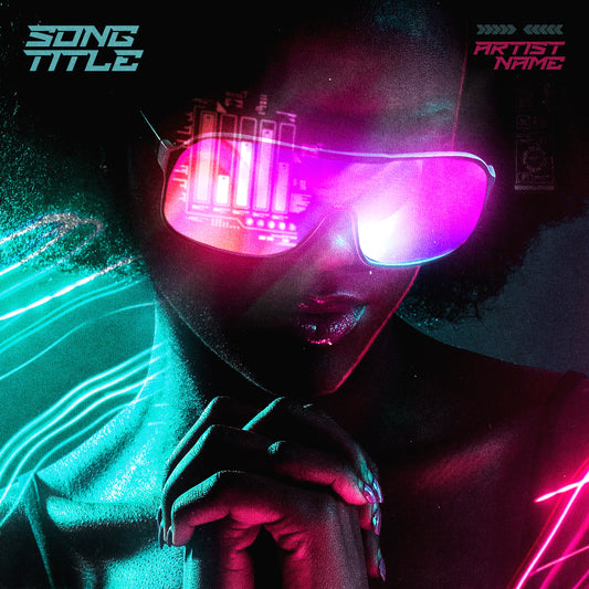 Neon girl wearing futuristic eyewear digital art, cover art for an album, single cover