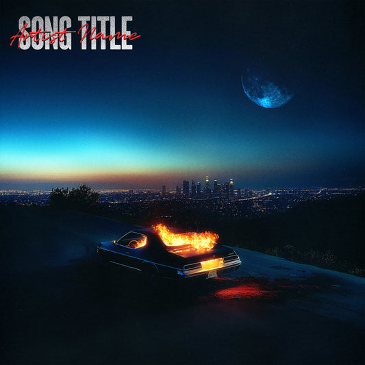 Burning retro car against LA night city background cover art