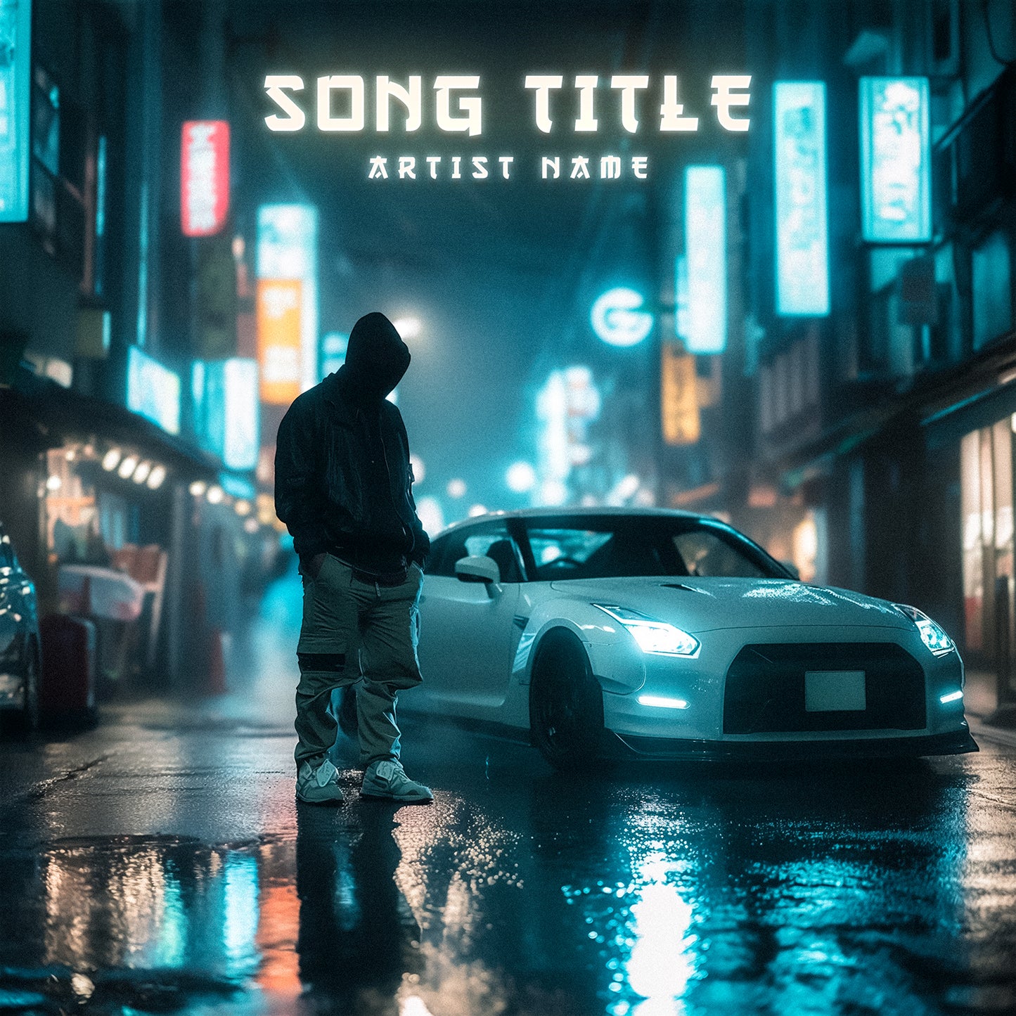 Character in hoodie with Nissan GTR in Tokyo realistic digital art cover