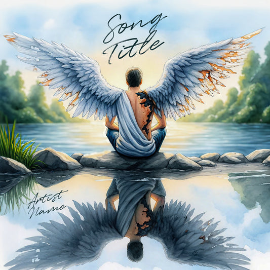 man with angel wings by lake painting music cover art