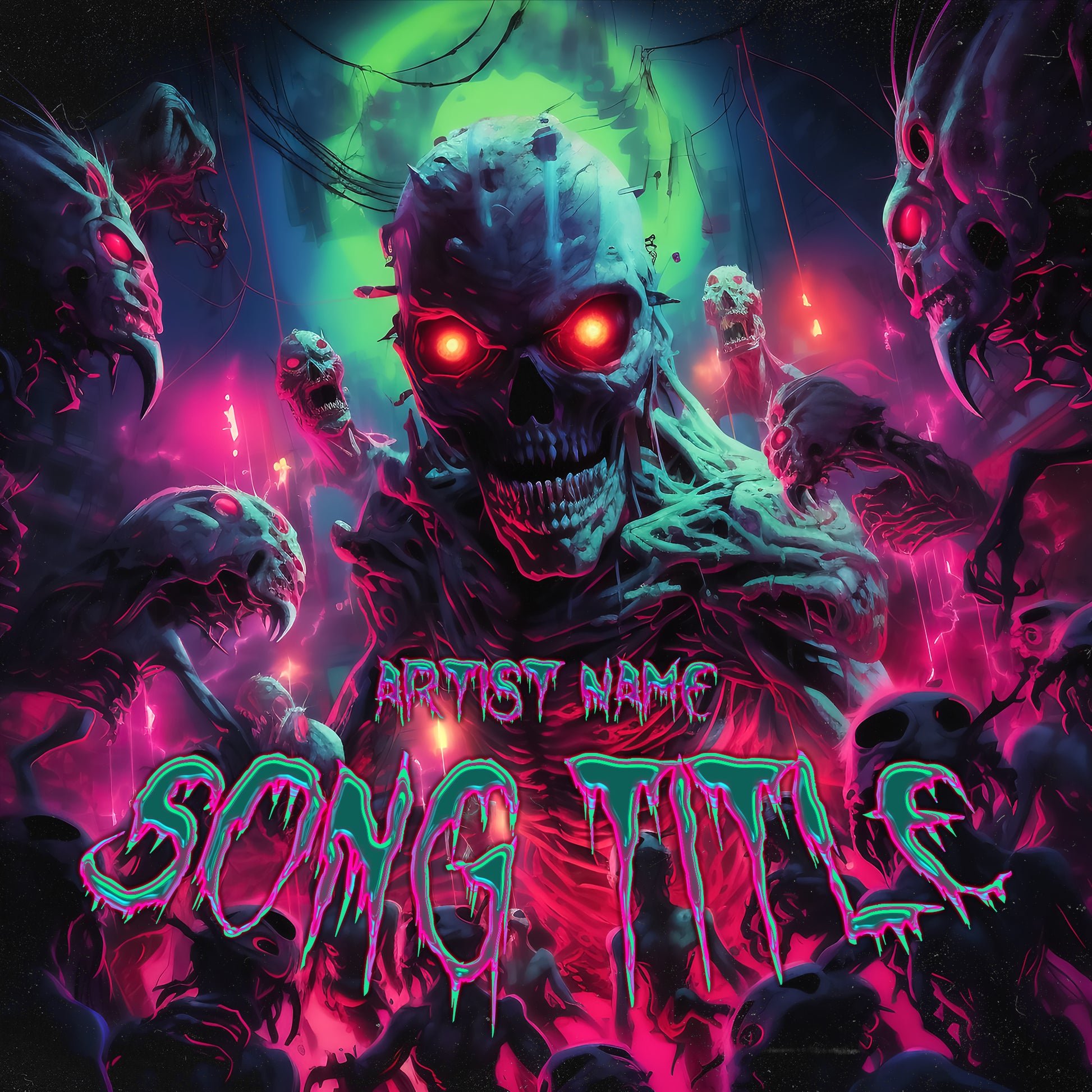 Neon pink and green trippy cover art zombies