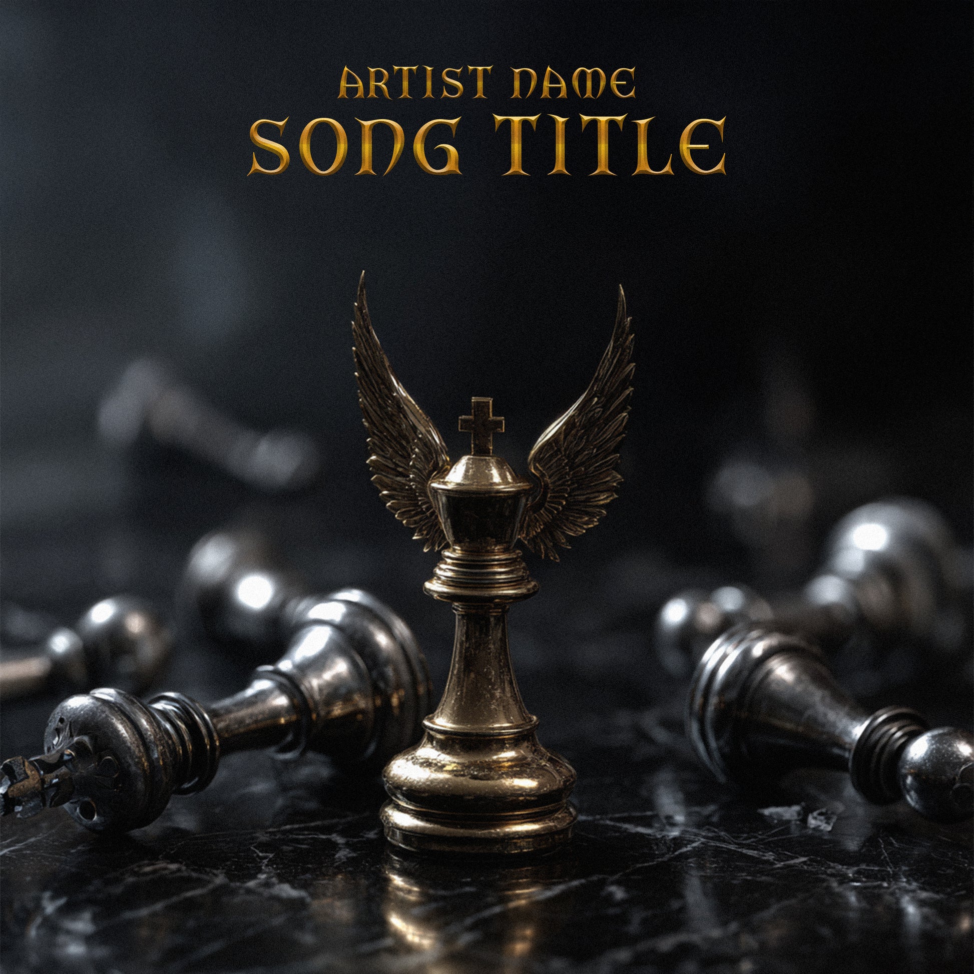 Golden winged chess piece with a cross on top surrounded by fallen black chess pieces on a dark marble surface, mixtape cover