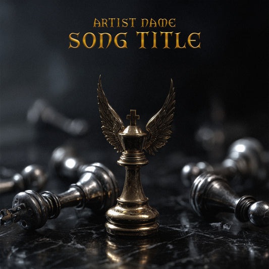 Golden winged chess piece with a cross on top surrounded by fallen black chess pieces on a dark marble surface, mixtape cover