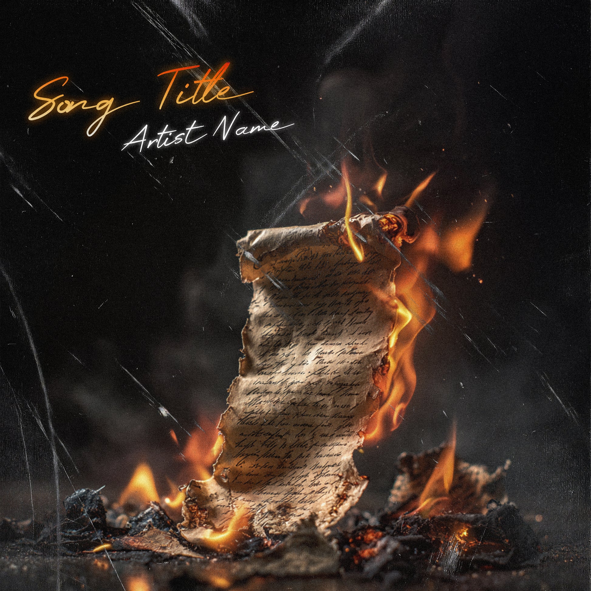 Burning handwritten letter surrounded by flames, smoke, ashes, and glowing embers against a black background, song cover