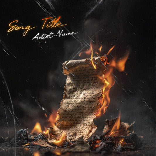 Burning handwritten letter surrounded by flames, smoke, ashes, and glowing embers against a black background, song cover