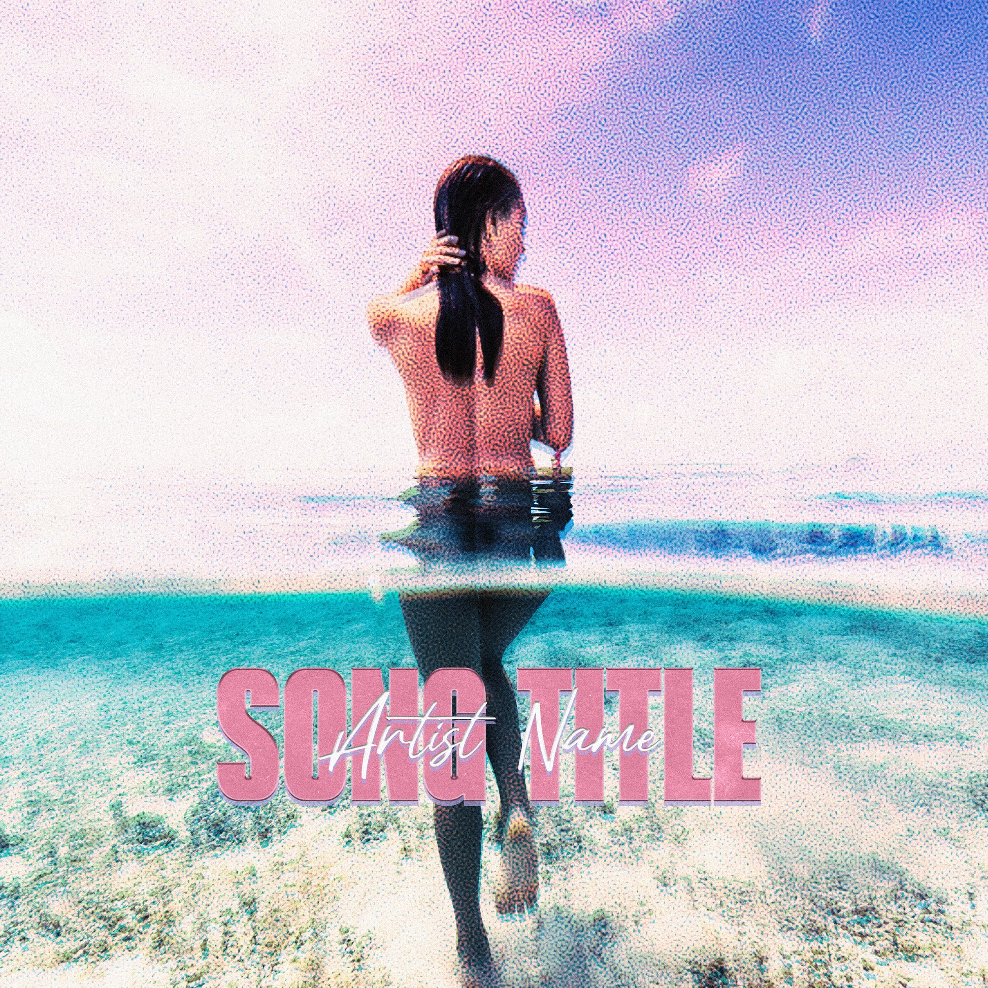 Person standing in turquoise ocean water under pastel skies with vintage film grain and tropical summer tones, album cover