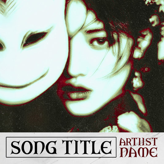 Close-up of a woman’s face partially hidden behind a white noh-style mask with cyan highlights, red shadows, floral background, and subtle film grain, album cover