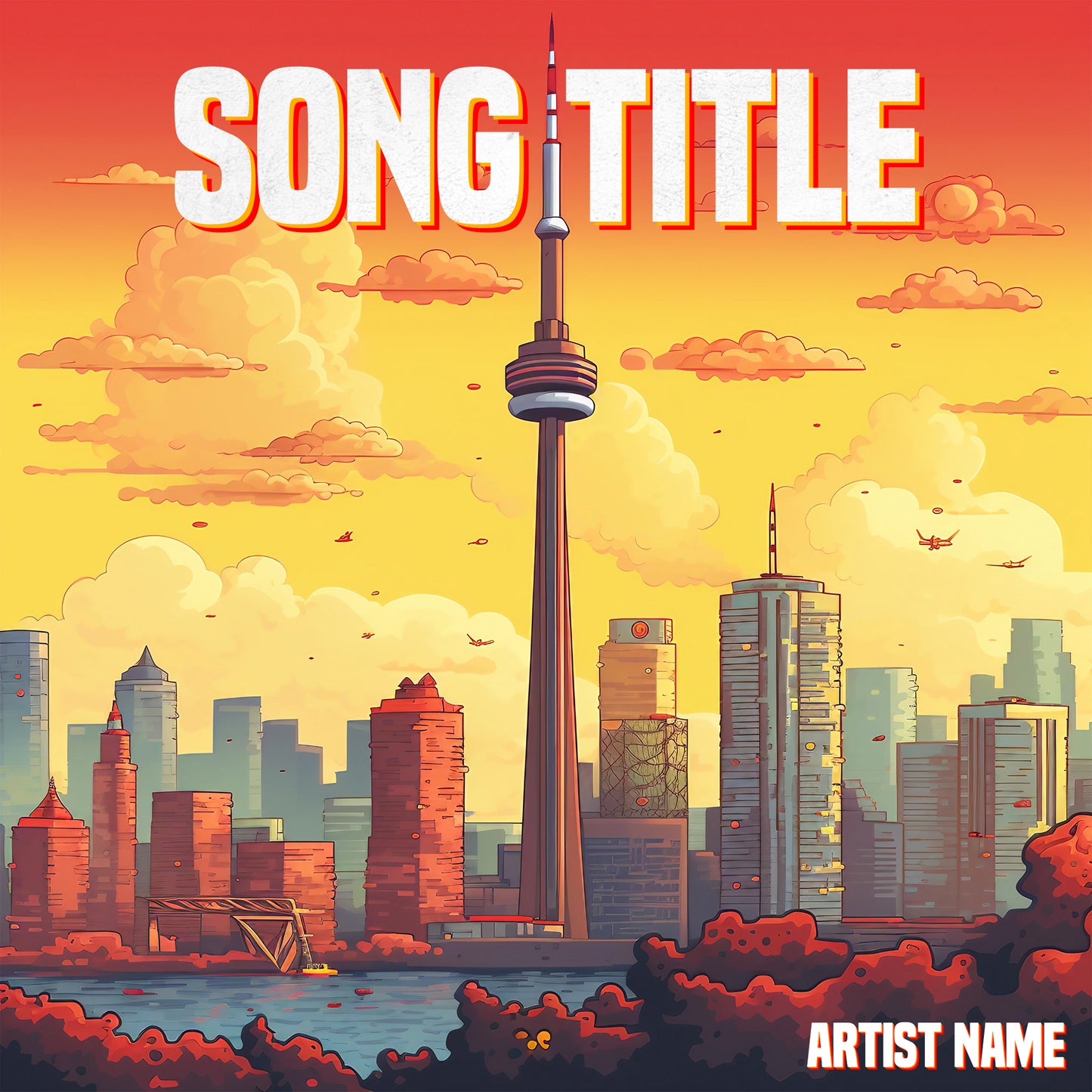 Toronto skyline in black anime artistic style cover art, embodying urban vibrance.