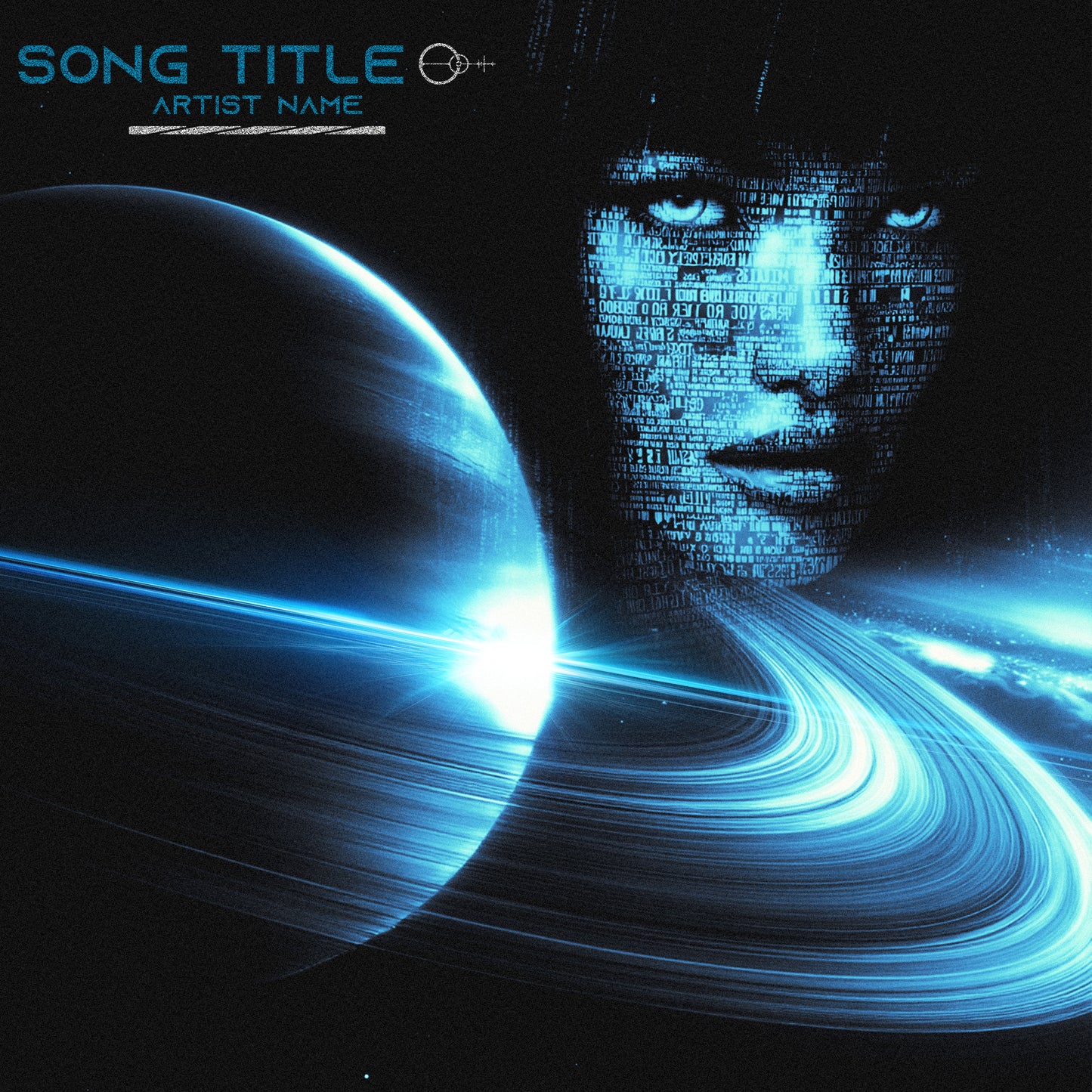 Woman’s digital face above glowing blue planet with neon rings in space