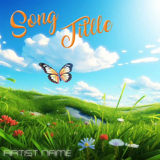 Vast grassland with a large butterfly in a cartoon style cover art, embodying the essence of serenity and wonder.