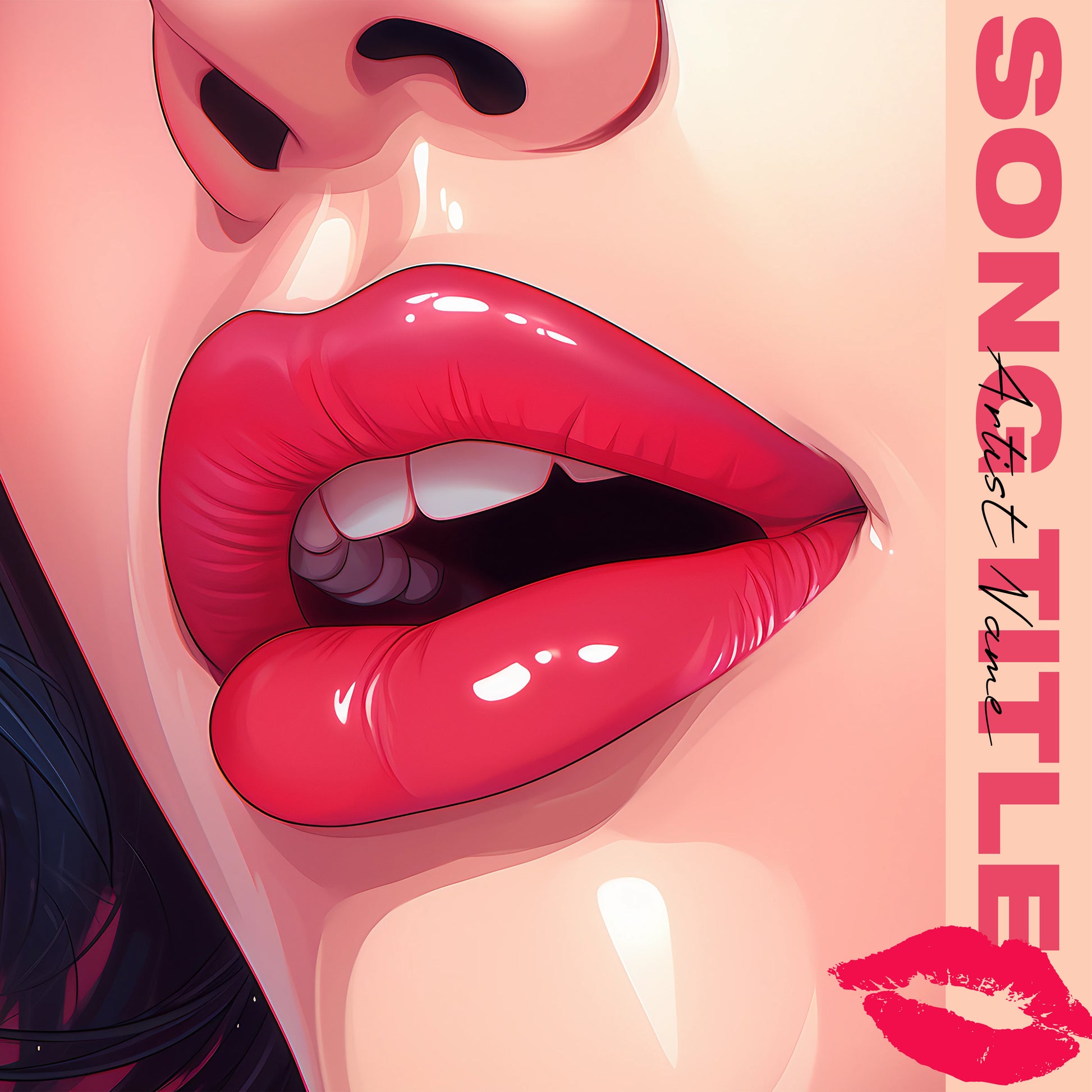 Close-up of a woman's face with vibrant cherry lips in anime style cover art, embodying youthful allure.