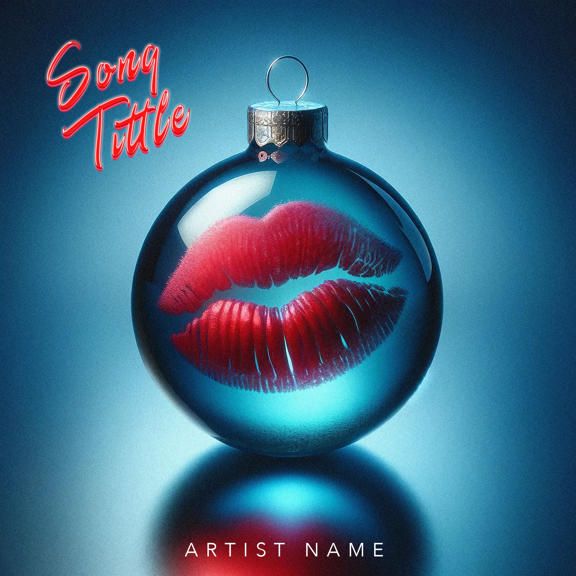 aptivating cover art features a glossy, translucent Christmas ornament in a deep shade of blue, reminiscent of winter skies or ocean depths. Its mirror-like surface reflects surrounding light, while a bold red kiss mar