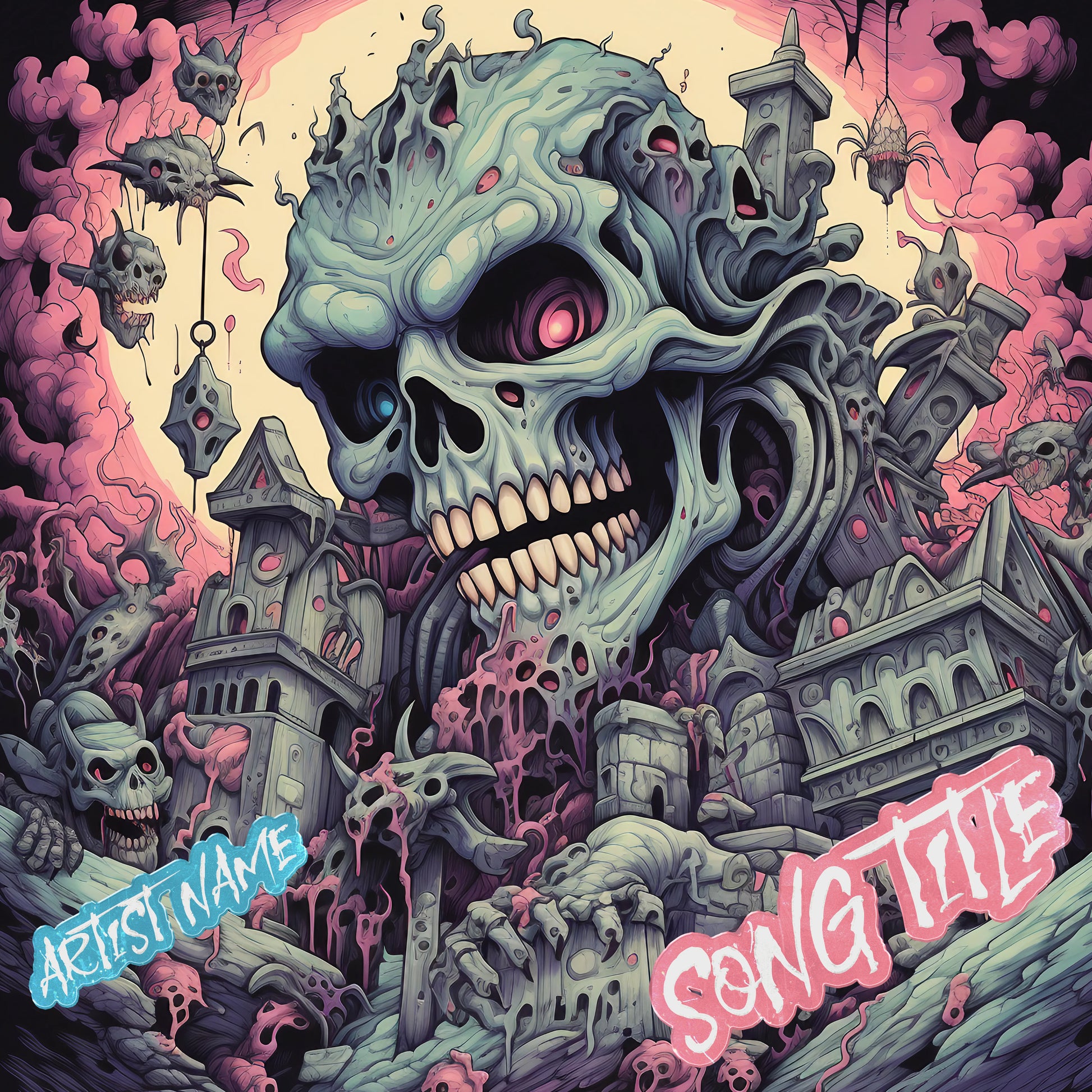 Cartoonish depiction of a skull demon in a pink and blue color scheme cover art, embracing the whimsically eerie.