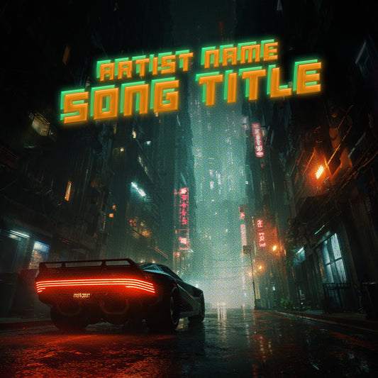 Retro sports car parked on a neon-lit cyberpunk street at night with rain reflections and glowing skyscrapers, cover art design