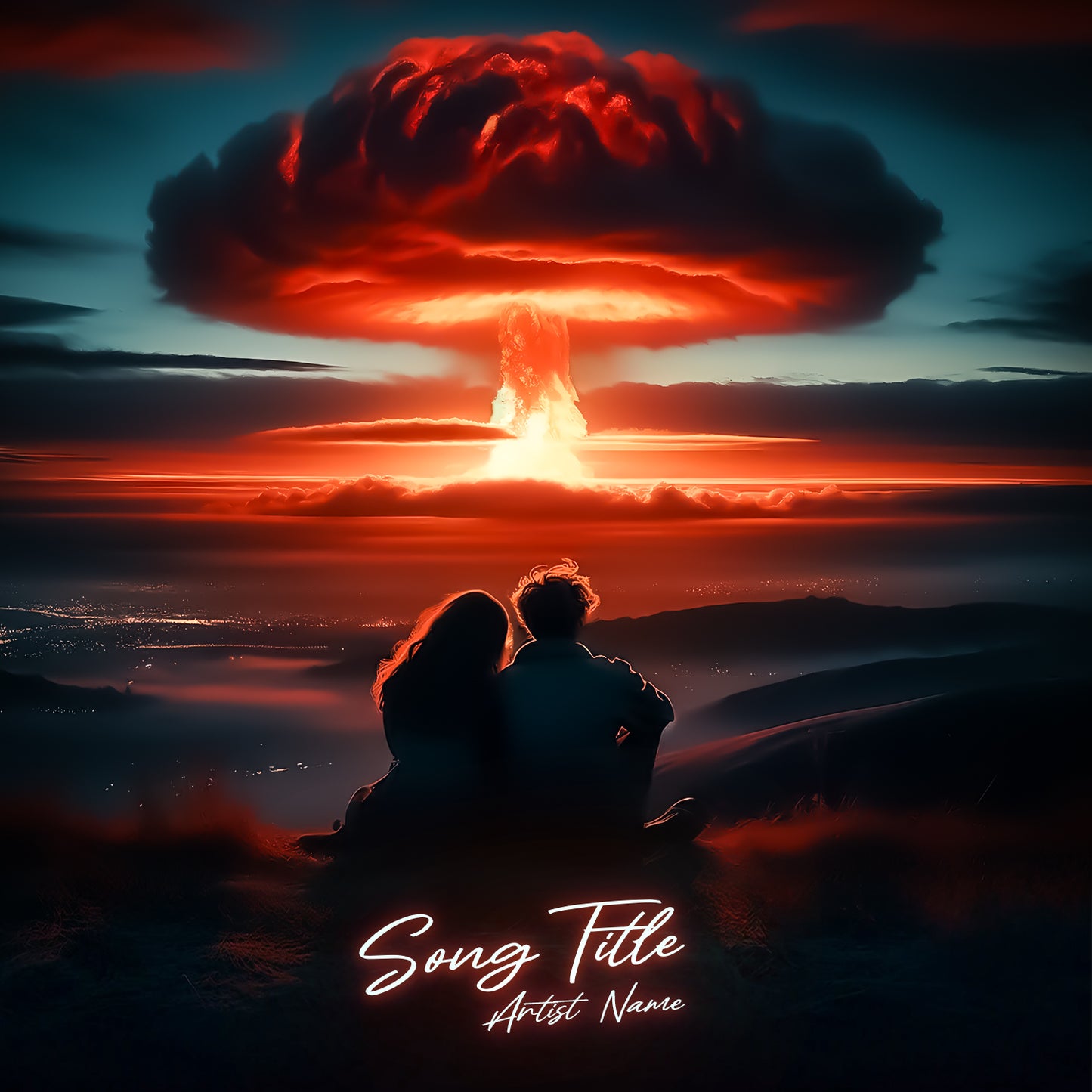 Emotional couple amidst nuclear explosion – Cover Art Design